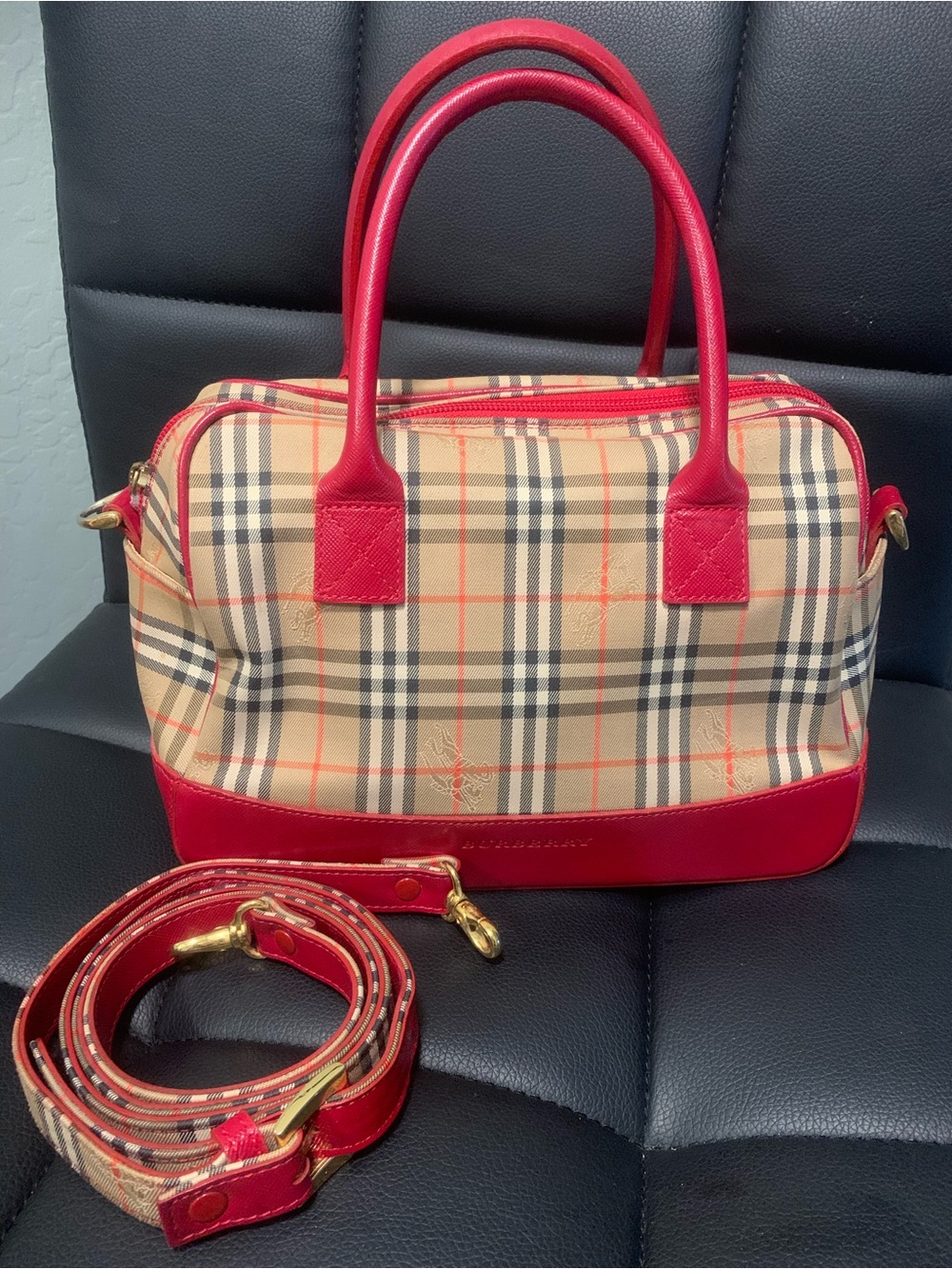 Authentic Burberry Beige Check Satchel with Red Leather Trim